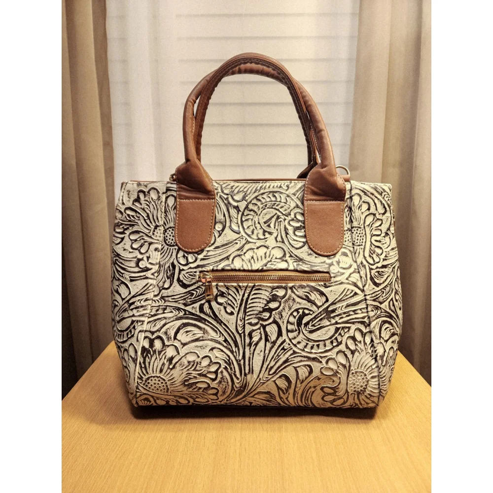 Brown Off White Zippered Floral Embossed Tooled Artisanal LEATHER Bag Purse